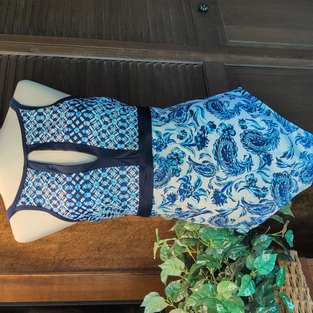COASTAL BLUE One-Piece Swimsuit - Key-Hole Neckline - Ikat/Paisley - XL - NWT
